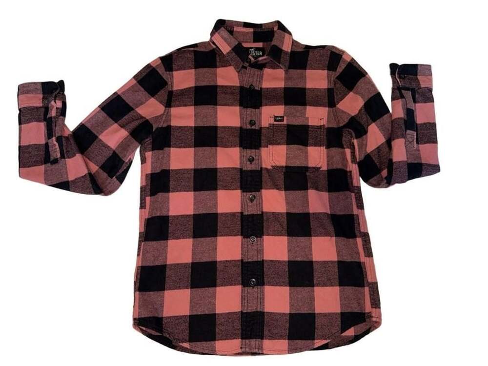 Hollister Men's Black and Pink Plaid Flannel Button-Up Shirt, Size XS